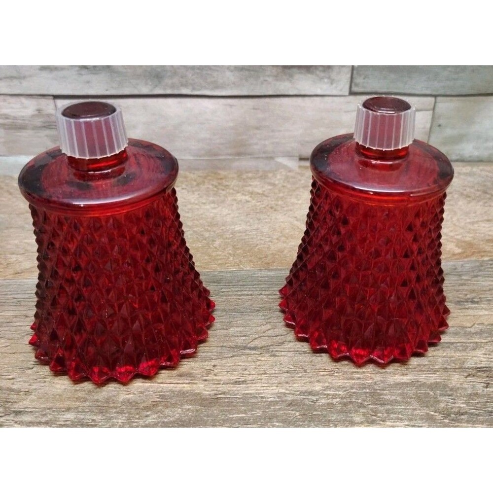 Ruby Red Hobnail Glass Peg Votive Candle Holders Cadmium Glow UV Set of 2